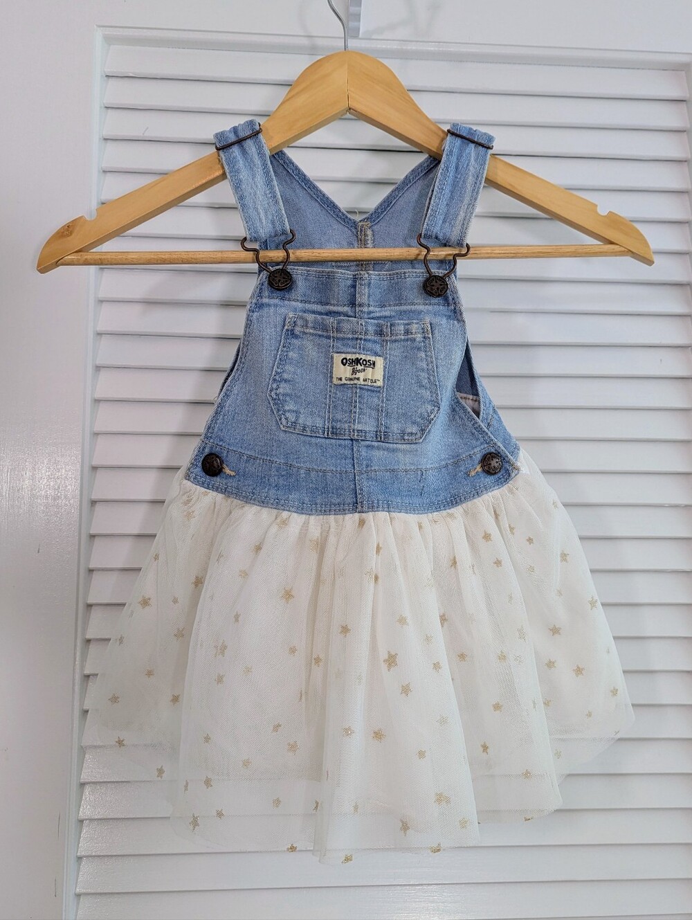 OshKosh B'gosh Girls 2T Denim Tulle Gold Star Overall Tutu Dress
